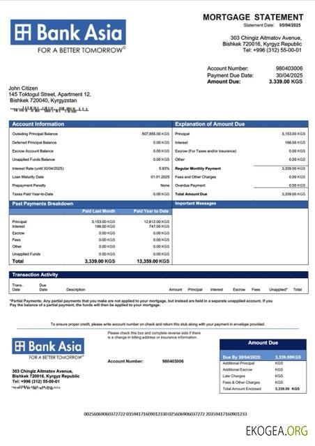 Modèle Word et PDF de relevé hypothécaire de la Banque d'Asie du Kirghizistan